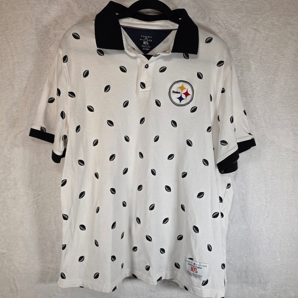 Tommy Hilfiger NFL Pittsburgh Steelers Polo Shirt Mens XL White Football Print